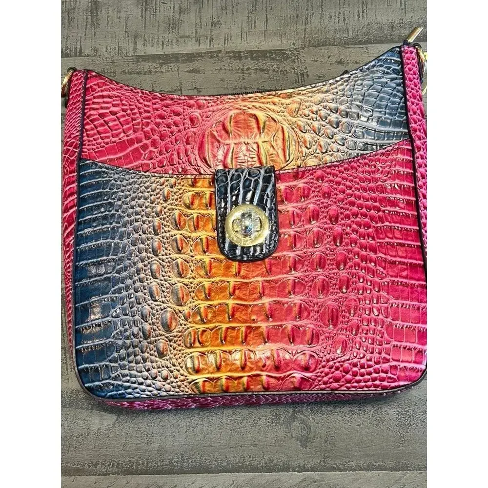 Gradient Rainbow Faux Crocodile Crossbody Bag & Coin Purse Set Ombre Vegan EUC